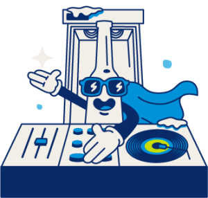 Ilustración del personaje Wonderchela frente a un superenfriador Wondercool, enfriando bebidas para festivales y eventos.