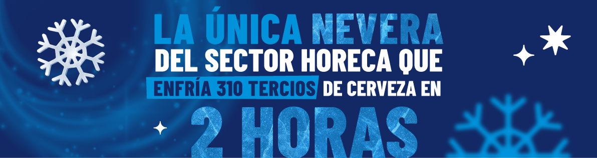 Banner promocional de Wondercool, la única nevera para el sector HORECA que enfría 310 tercios de cerveza en 2 horas hasta -8°C sin congelar.