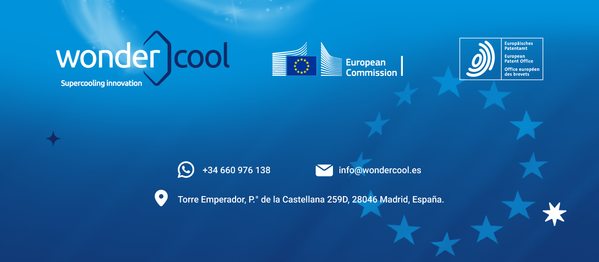 Información de contacto de Wondercool con sede en Madrid, incluyendo teléfono, email y ubicación, junto a logotipos de la Comisión Europea y Oficina Europea de Patentes que respaldan su tecnología de superenfriamiento.