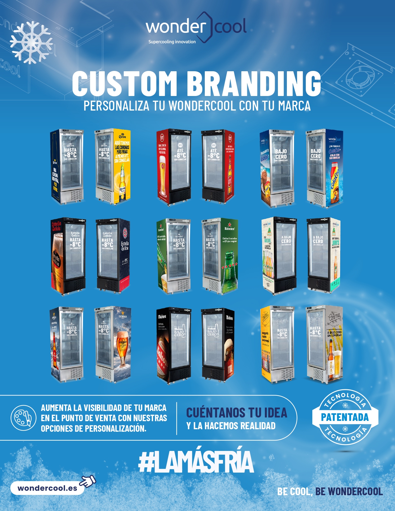 Ejemplos de branding personalizado en superenfriadores Wondercool para aumentar la visibilidad de marcas de bebidas en el punto de venta.