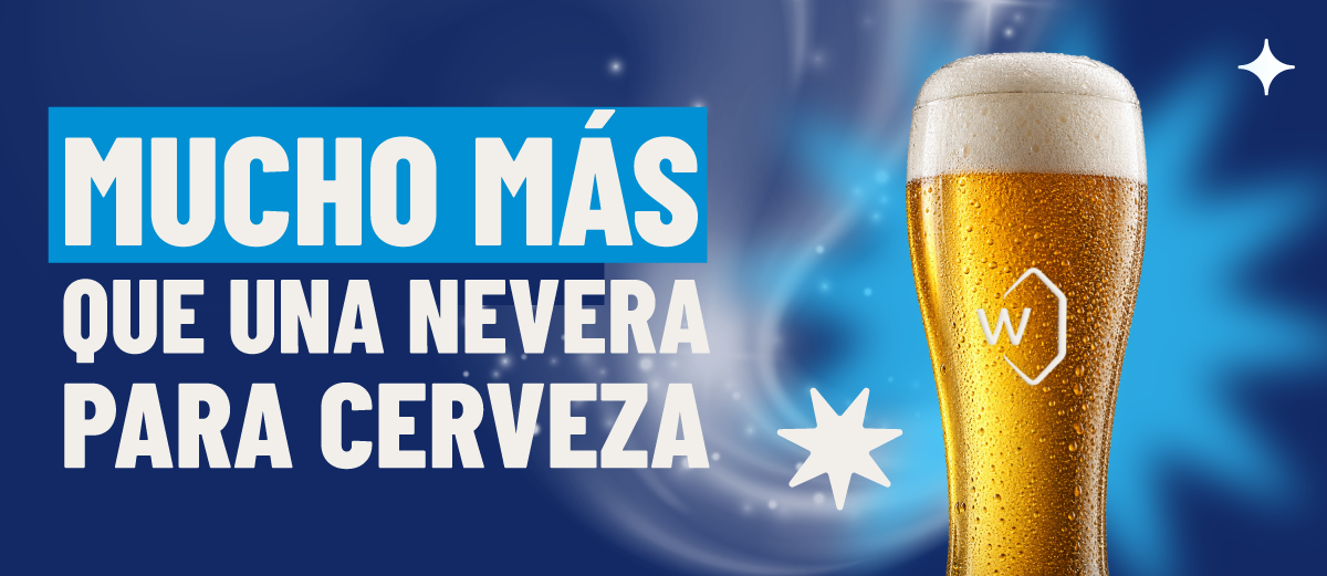 Vaso de cerveza fría hasta -8°C junto al mensaje: «Mucho más que una nevera para cerveza».