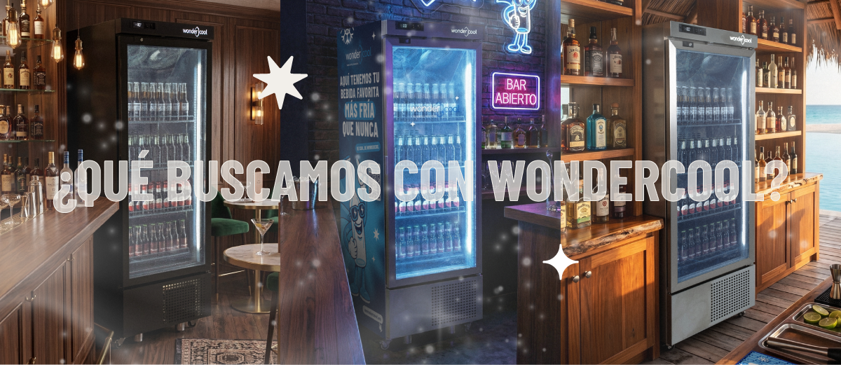 Tres neveras Wondercool en distintos bares, junto al mensaje «¿Qué buscamos con Wondercool?».
