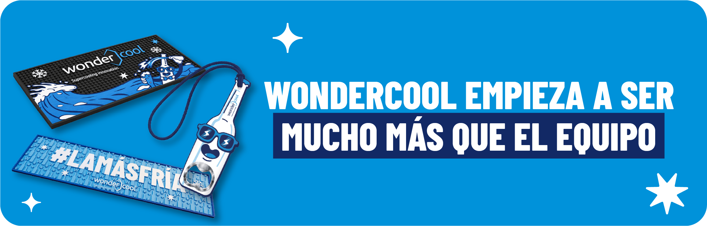 Merchandising de Wondercool presentado en ABASTUR México: tapete de barra y abridor de la marca de superenfriamiento de bebidas.